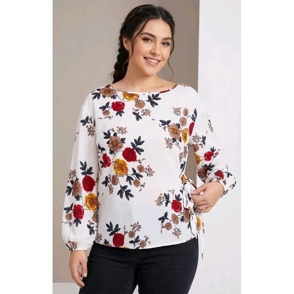 Boho Cottagecore Curve Blouse XL Plus Floral Long Balloon Sleeve Tie Back Top